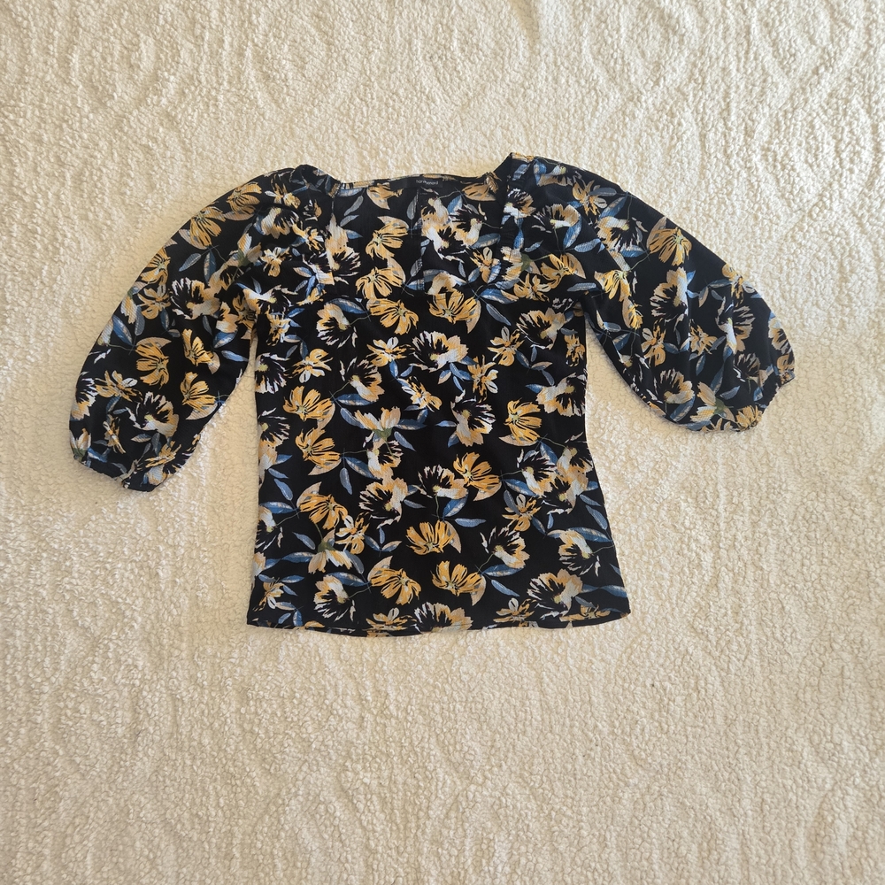 Harve Benard Black Floral Puff Sleeve Blouse Cottagecore Boho Chic Top
